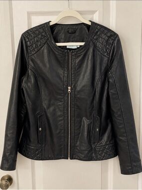 Blue Illusion Black Leather Jacket Quilted Moto Zip Front Women’s